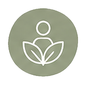 04 Icon+ - ReProcess Therapy - ReProcess Therapy Round green badge with a white line-art figure meditating inside a leaf motif, symbolizing mindfulness and nature.