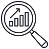 Icon of a magnifying glass over a bar chart, representing data analytics/search analytics